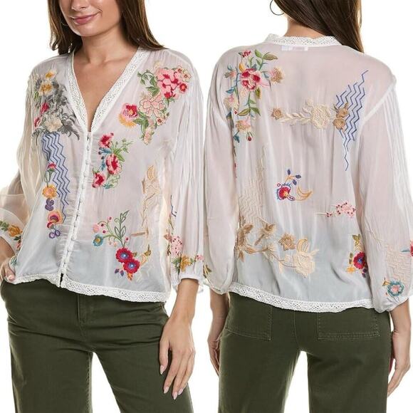 Johnny Was Long Sleeve Embroidered Velouette Button Up Blouse White Size Medium - Picture 1 of 8